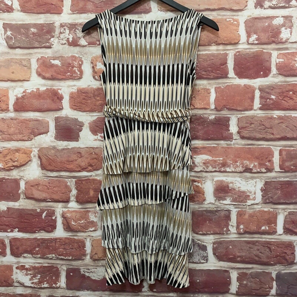 NEW YORK & COMPANY WOMEN'S TAN BROWN MULTICOLOR BOHO ABSTRACT TIERED DRESS - Picture 2 of 8